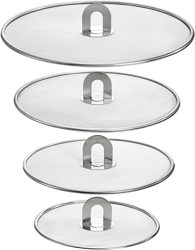 Nicunom 4 Pack Splatter Screen for Frying Pan, 13", 11.5", 10", 8" Stainless Steel Grease Splatter Guard with Fold Flat Knob, Kitchen Oil Splatter Guard Set for Safe Cooking
