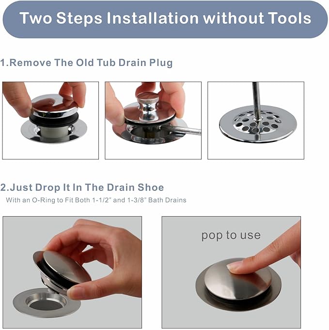 Brushed Bathtub Drain Stopper,Universal Pop Up Bath Drain, Hidrop Tip Toe Tub Drain Stopper,Conversion Kit Assembly, Replaces Lift and Turn,Tip-Toe and Trip Lever drains for Tub, EZ Install(Brushed)