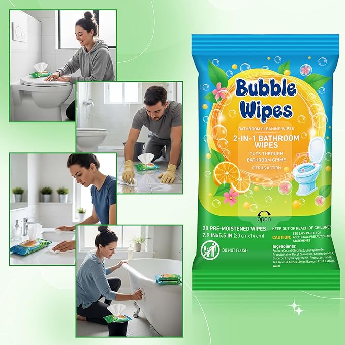 10 Pack Bathroom Cleaning Wipes 200 Count Citrus Scented 2-in-1 Bubble Wipes Cleaner for Bathroom Toilet, Sink, Tile & Shower -Reusable Sealable Pouch, No Scrubbing Needed