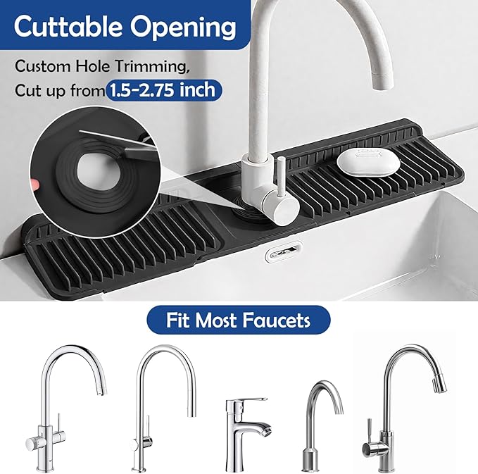 24"Longer Silicone Faucet Mat For Kitchen Sink Splash Guard -7° Slope Snap Lock- Sink Faucet Mat Splash Guard Kitchen Sink Area Silicone Sink Water Splash Guard Behind Faucet (Black, 24"x5.5")