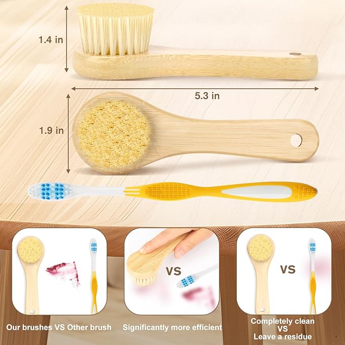 2Pack Laundry Stain Brush with 2Pack Metal Hook, Natural Soft Boar Bristle Scrubber, No Damage for Cleaning Tough Stains on Delicate Fabrics, Shoes, Cotton, Linens