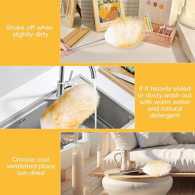 Lambswool Extendable Mini Duster 14-34 Inch Stainless Steel Extension Telescoping Pole Wool Dusters for Cleaning Ceiling Fans Window Blinds Car Interiors Furniture Dusting