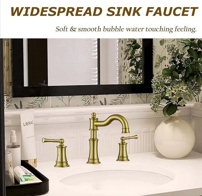Roman Bathroom Sink Faucet 3 Holes Brushed Gold 2 Handle Widespread 8 inch Deck Mount Installation with Overflow Pop Up Drain Assembly and Water Supply Lines