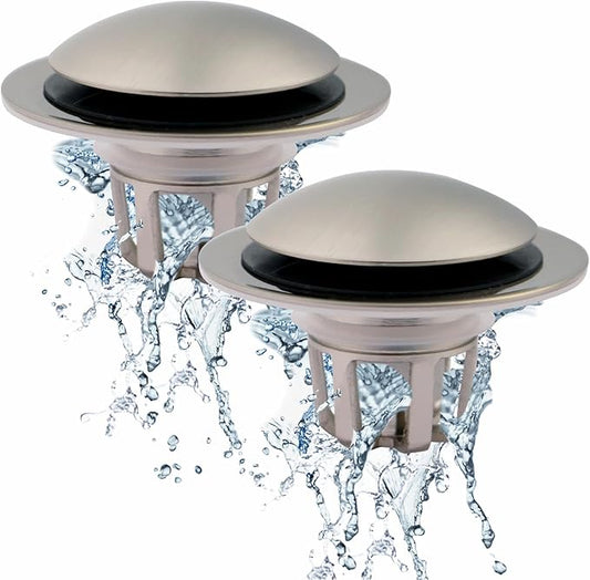 Brushed Nickel Bathroom Sink Drain Stopper,Welsan Universal Pop-Up Drain Stopper Plug Strainer with Hair Catcher for 1 1/8"-1 1/2" Drain Hole-2 Pack