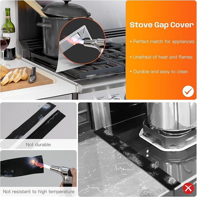 Stove Gap Covers, 25.6" Long & 0.4" Wide Stove Counter Side Gap Guards, Oven Gap Filler with Aluminium, Heat Resistant and Easy to Clean, Range Trim Kit, Left and Right 2 PCS(Silver)