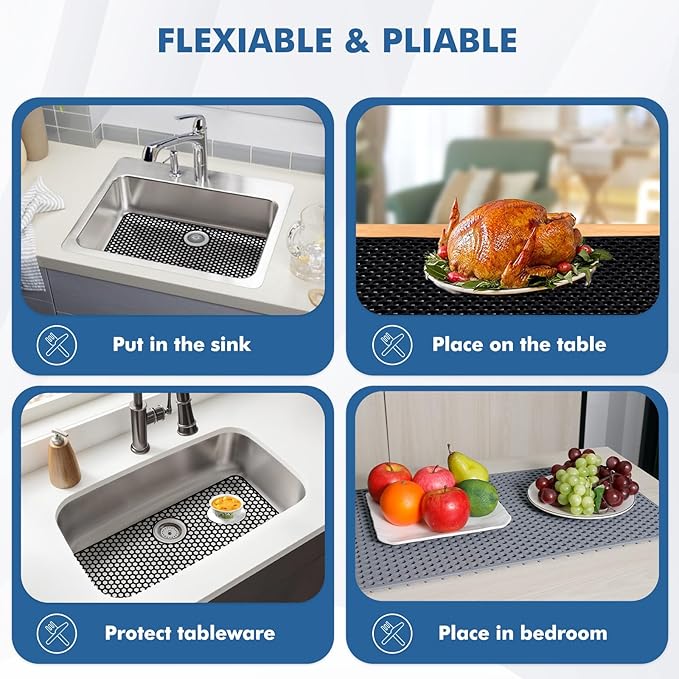 Silicone Sink Protectors for Kitchen Sink with Rear Drain - 26"x 14" Kitchen Protector Accessory, Non-Slip Heat Resistant Grid Mat for Bottom of Farmhous Stainless Steel (Rear Hole, Black)