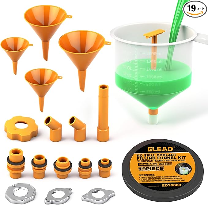 ELEAD No-Spill Coolant Funnel Kit - 19-Piece Radiator Funnel burping kit, coolant Bleeder kit, Extra Funnels and Adapters for Universal Vehicle