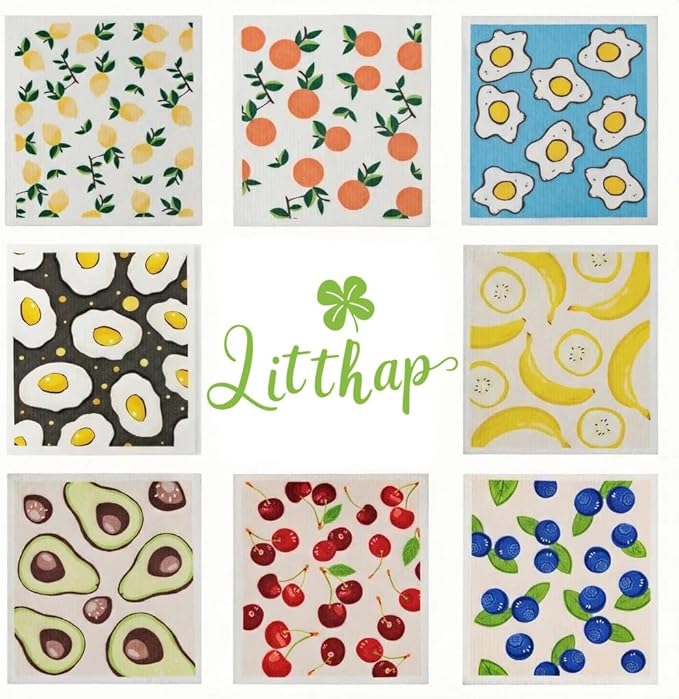 Swedish Dishcloths & Cleaning Cloths for Kitchen, 8 Pack - Reusable, Super Absorbent, Cellulose, Odor-Free, Biodegradable, Washable & Dishwasher Safe (Fruit Printed Design)