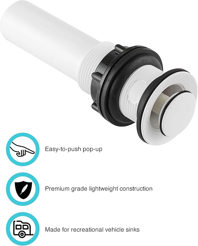 Dura Faucet Universal RV Bathroom Sink Pop-Up with No Overflow (White)