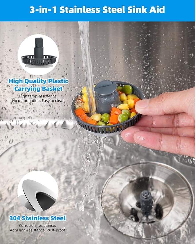 Hibbent 2 Pack Upgraded 3 in 1 Kitchen Sink Drain Strainer and Stopper Combo, Stainless Steel Metal Pop Up Sink Stopper, Anti-Clogging Basket Strainer with Handle for US Standard 3-1/2 Inch Drain