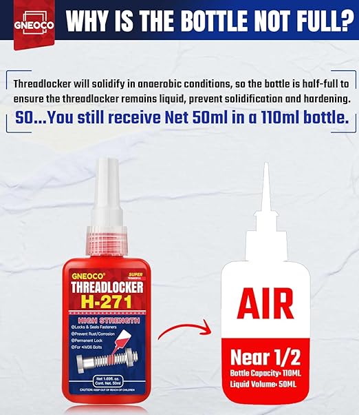 ThreadLocker Red, Thread Lock High Strength Lock Tight for Nuts, Bolts, Fasteners and Metals, Anaerobic Curing Metal Glue to Prevent Loosening and Corrosion (H271-50ml)