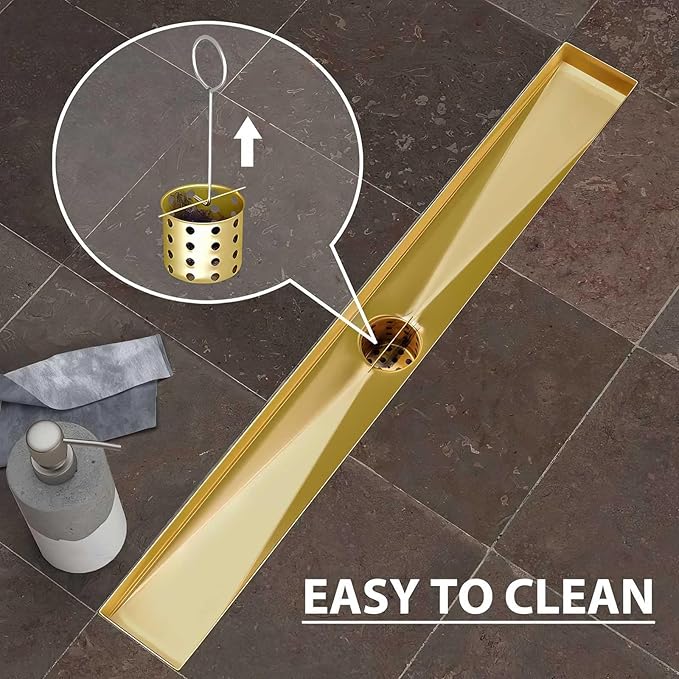 SaniteModar Linear Shower Drain, Gold Shower Drain 60 inch with Removable Grate, Brushed 304 Stainless Steel Shower Floor Drain Include Hair Catcher and Leveling Feet