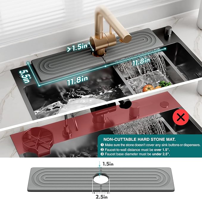 Kitchen Faucet Absorbent Mat - Large Diatomaceous Earth Splash Guard for Sink Faucet, Aesthetic Water Absorbing Stone Tray in The Modern Home (Grey, 23.6" x 5.5")