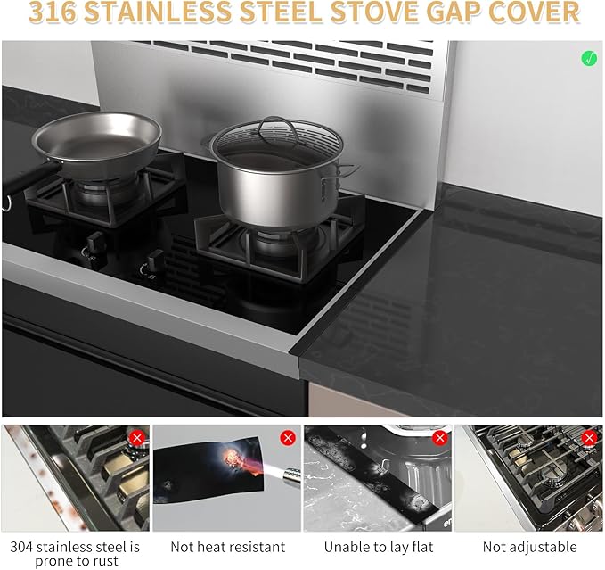 316 Stainless Steel Stove Gap Covers,2 Pack Stove Gap Filler,Range Trim Kit,Heat-Resistant Stove Gap Guard,Easy Retractable Length 13.8" to 27.5",Width 0.79",Black