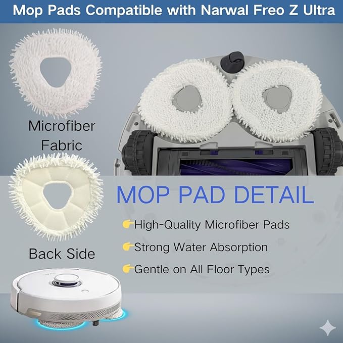 Replacement Accessories Parts Kit Compatible with Narwal Freo Z Ultra - Includes 8 Dust Bags, 8 Mop Pads, 8 Filters, 8 Side Brushes, 2 Rubber Main Brushes,2 Baseboard Rags