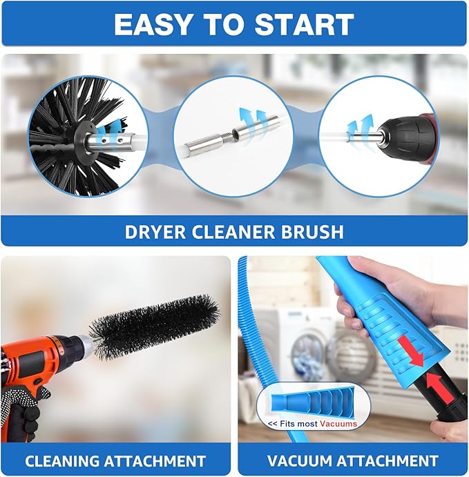 22-Piece 40-Feet Dryer Vent Cleaner Kit, Dryer Vent Cleaning Kit Lint Remover with Dryer Vent Brush, Vacuum Hose Attachment Cleaning Tools, Flexible Lint Trap Brush, Vacuum & Dryer Adapters