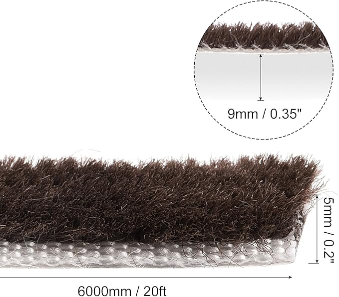 uxcell Weather Stripping Brush, 20ft L x 0.35" W x 0.2" H Self-Adhesive Seal Weatherstrip Sweep Brush Brown for Door Window