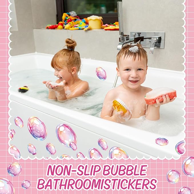 Whaline 30Pcs Bubble Non Slip Bathtub Stickers Under The Sea Cartoon Bubble Safety Shower Treads Adhesive Applique Decal with Scraper for Summer Bathroom Shower Floor