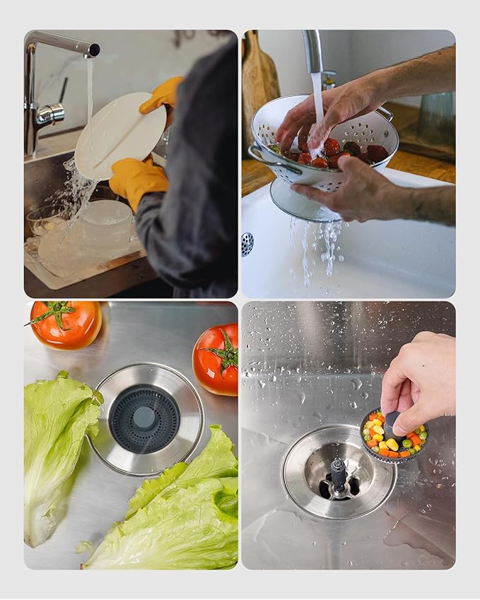 Hibbent Upgraded 3 in 1 Kitchen Sink Drain Strainer and Stopper Combo, Stainless Steel Metal Pop Up Sink Stopper, Anti-Clogging Basket Strainer with Handle for US Standard 3-1/2 Inch Drain