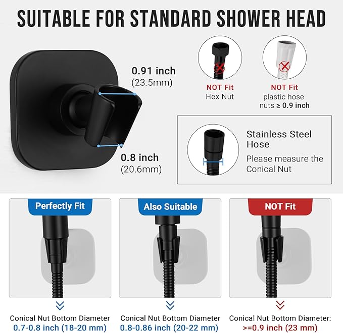G-Promise Metal Handheld Shower Head Holder, Adjustable Wall Mount Shower Wand Bracket, Strong Adhesive Disc Mount or Drill Installation (Square, Matte Black)