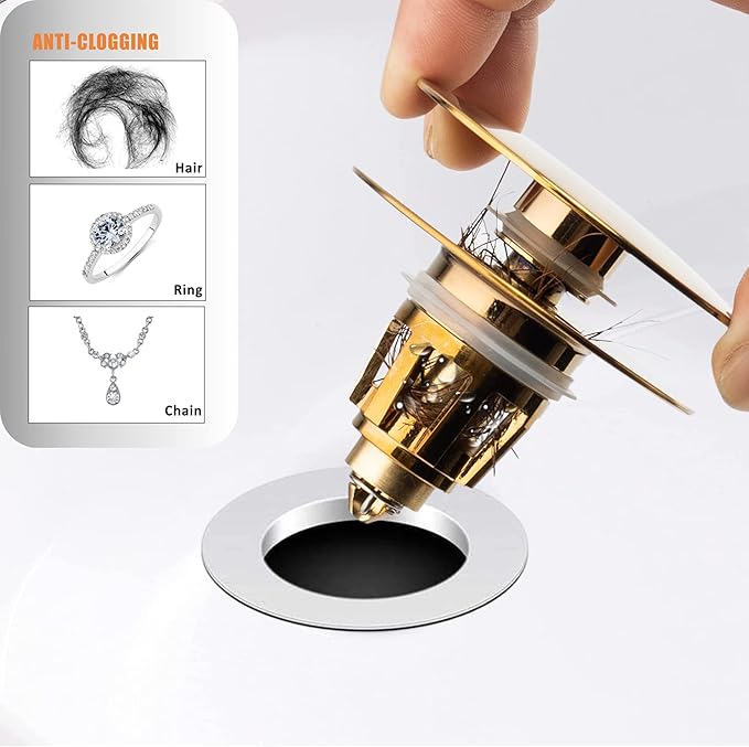 Artiwell Universal Bathroom Sink Drain Stopper, Fits Most Pop-Up Drains for Vessel Sink Lavatory Vanity, Sink Drain Strainer with Detachable Hair Catcher, Tested by Plumber in US (Brushed Gold)