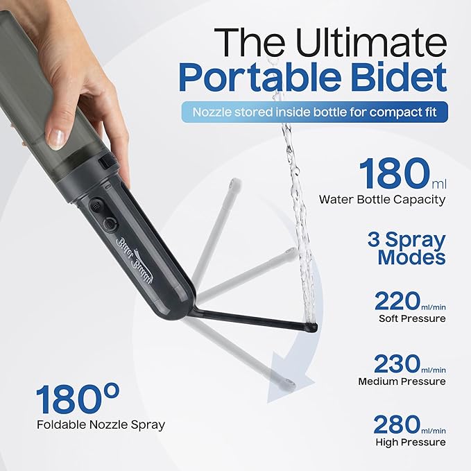 BIDET BUDDY® GoFlow Portable Bidet for Travel - 180ml Bottle with Two Power Modes, Nozzle Wand, IPX6 Waterproof, USB C Charging, 800mAh Rechargeable Battery, Medium Pressure