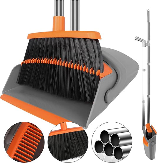 Broom with Dustpan Combo Set, 51" Household Dustpans and Broom, Standing Dust Pan Set for Home, Cleaning Set for Kitchen Lobby Indoor Outdoor