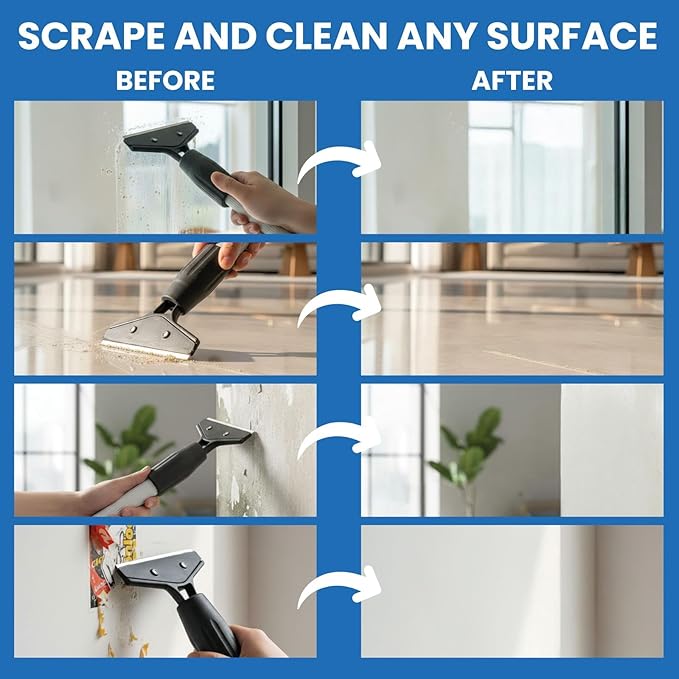 KATARY Long Handle Floor Scraper and Wall Tile Scraper Tool with Razor Blade with Tool Bag and 3-Piece Cleaning Brush Set - Grout, Concrete and Glue Remover Kit