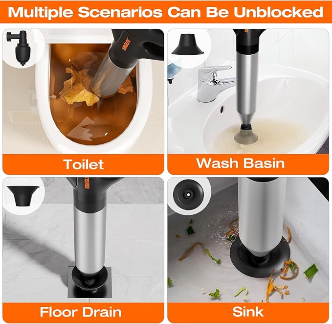 Toilet Plunger with High-Pressure Air Drain Blaster, Power Plunger - Drain Clog Remover for Sink, Shower, Toilet Clogs, Includes Foot Pump, Gloves & Adapter
