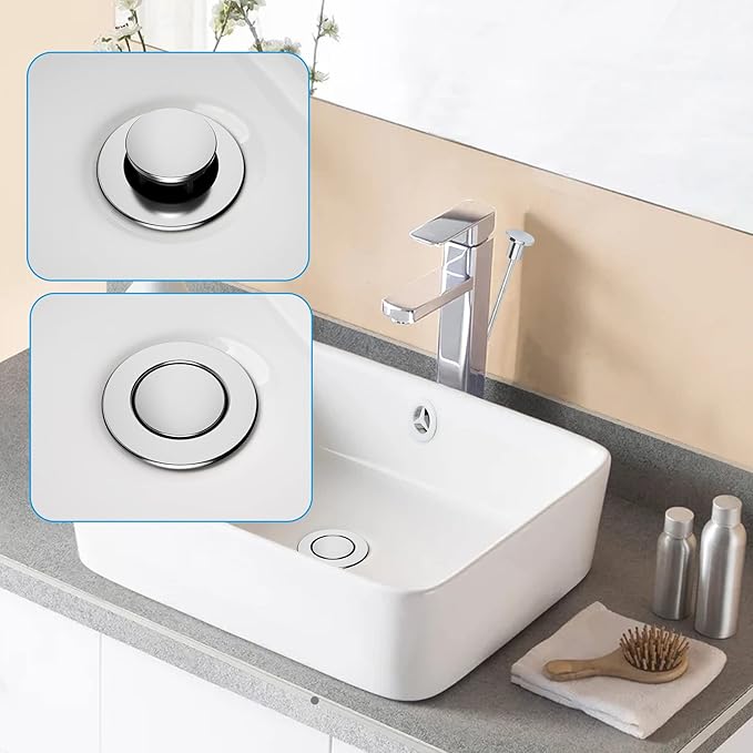 Bathroom Sink Drain with Overflow, 2 Pack Push and Seal Pop Up Drain Stopper with Lift Rod for Bathroom Lavatory Vanity Vessel, Compatible with Moen, American Standard, Universal Hole, Chrome