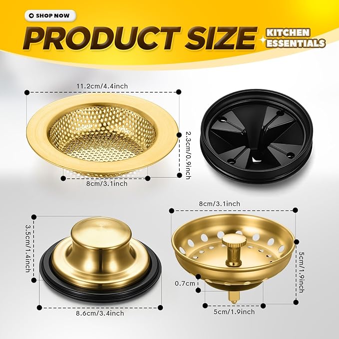 4 Pcs Brushed Gold Kitchen Sink Accessories Garbage Disposal Splash Guards 3.4'' Sink Drain Strainer and Stopper Stainless Steel Garbage Disposal Plug for Kitchen Drain Strainer