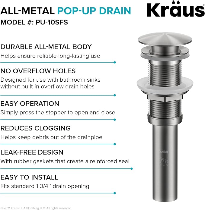 KRAUS Bathroom Sink Pop-Up Drain Assembly in Matte Black for Vessel Sinks and Sinks without Overflow, with Extended Thread for Thicker Countertops, PU-L10MB