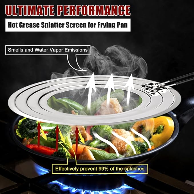 Stainless Steel Splatter Screen for Frying Pan - Grease Splatter Guard with Folding Handle - Cover Oil Splash from Bacon, Oil, or Deep Fryer - Food Strainer and Universal Cookware
