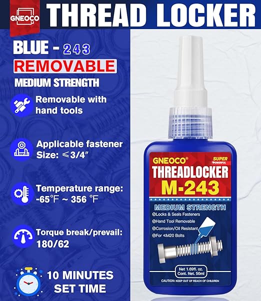 ThreadLocker Blue, Thread Lock Medium Strength Lock Tight for Nuts, Bolts, Fasteners and Metals, Anaerobic Curing Metal Glue to Prevent Loosening and Corrosion (M243-50ml)