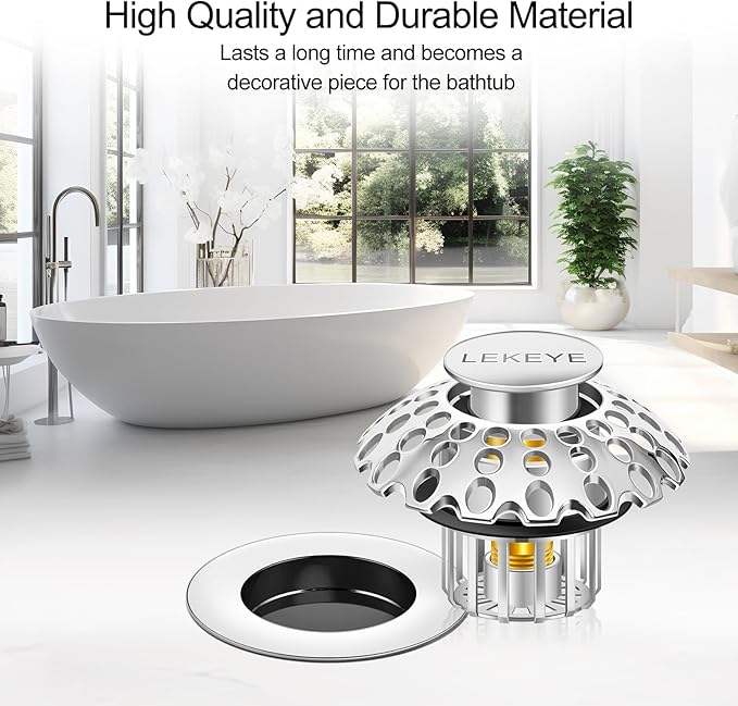 LEKEYE Tub Stopper | Shower Drain Hair Catcher | Bathroom Bathtub Plug | Pop Up Bathtub Drain Stopper for 1-1/2" to 1-3/4" Bath Drain Hole - Pearl Chrome