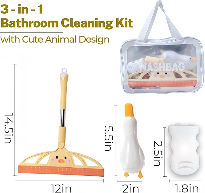 3-in-1 Bath&Kitchen Cleaning Set,Shower Squeegee for Shower Doors, Bathroom,Window and Car Waterproof Bag, Hair Catcher, Suction Cup Shower Head Holder for Deep Cleaning