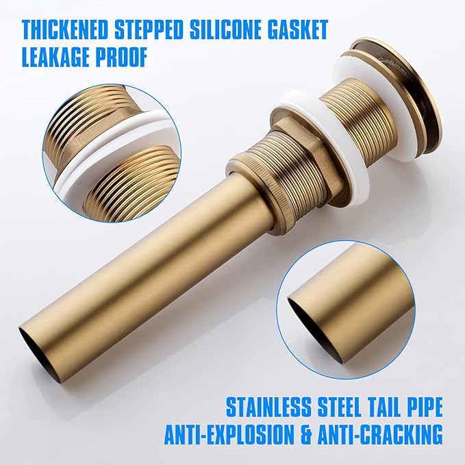 JONKEAN Bathroom Pop Up Drain Without Overflow,Vanity Vessel Sink Drain with Detachable Strainer Basket,Pop Up Drain Stopper Hair Catcher, Built-in Anti-Clogging Strainer(Brushed Gold)