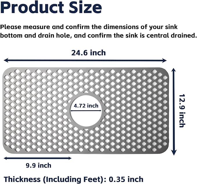 Silicone Sink Mat, 24.6''x 12.9'' Kitchen Sink Protector Grid for Bottom of Center Drain Sink, Gray Non-slip Heat Resistant Liner for Farmhouse Stainless Steel Porcelain Sink