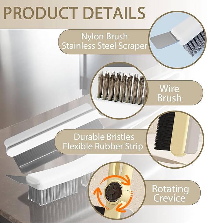Crevice Cleaning Brushes with Rotatable Handle, Wire Nylon Scrub Brush with Stainless Steel Scraper, Grout Brush for Kitchen Stove Sink Tiles Corners Range Hood Door Window Track, 2 Pcs
