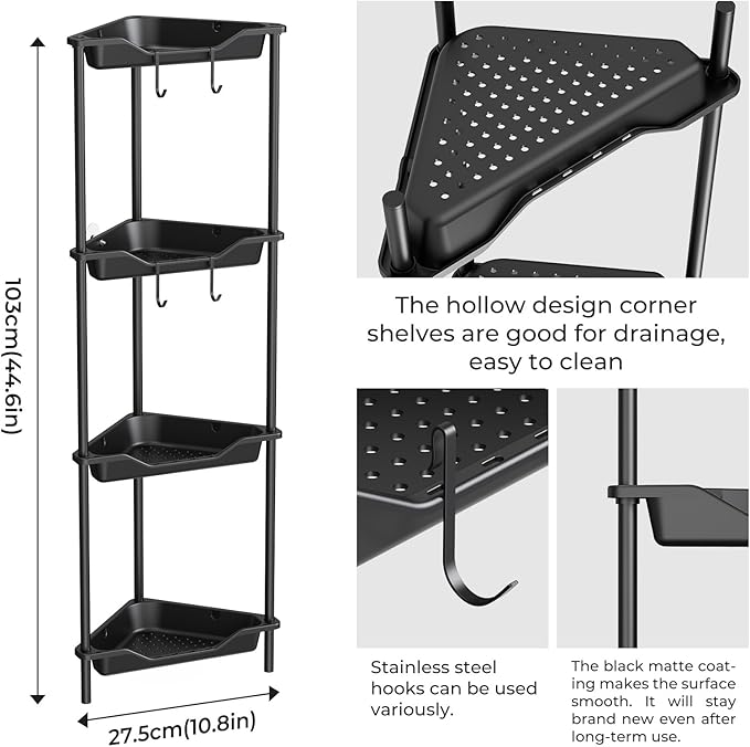 ODesign 4 Tier Corner Shower Caddy,Corner Shelf Stand for Living Room Bedroom Bathroom,Shower Table,Plastic Metal Splicing Ground Cabinet Storage Rack,Standing Shower Organizer Black - Rustproof