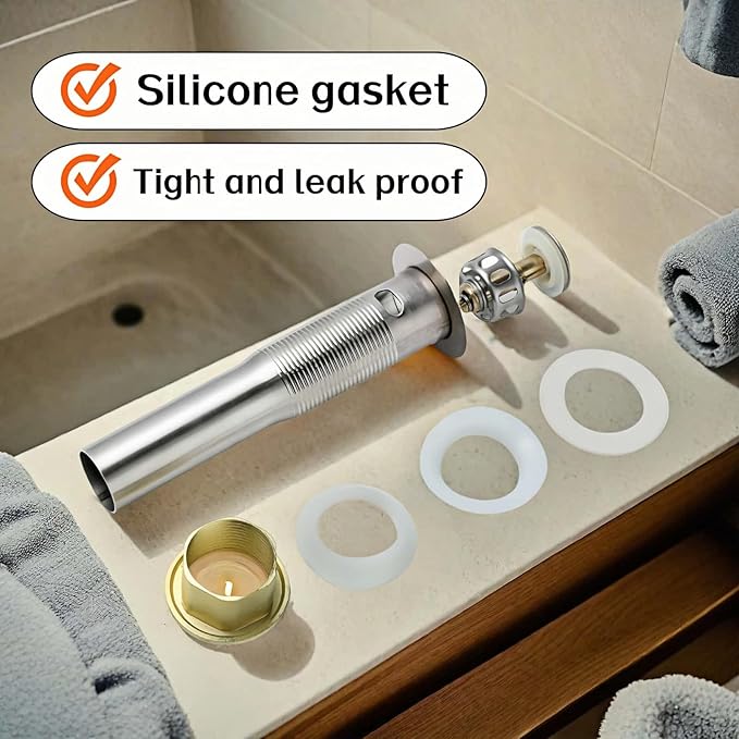 Pop-Up Sink Drain for No Overflow Basin, Stainless Steel, Hair Catcher Filter, 7.09 inch Length, Brushed Nickel (with Holes)