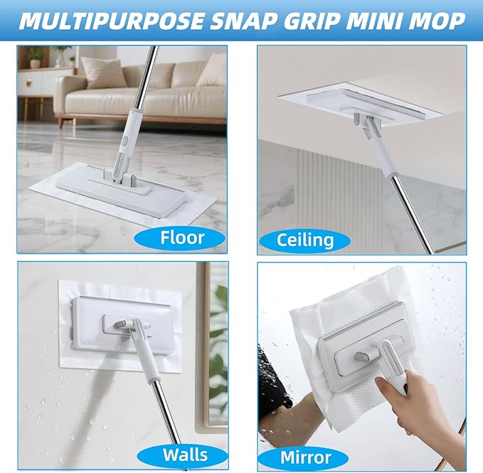 4 in 1 Disposable Dust Mop with Squeegee & Floor Scrub Brush with Long Handle, 2 Shiny Towels Wipes Cleaning Cloths, 2 Crevice Brush, Snap Grip Mini Mop for Windows Car Glass Floor Shower Bathroom
