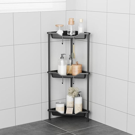 ODesign 3 Tier Corner Shower Caddy Standing Floor Standing Corner Shower Caddy Organizer Shower Table Plastic Metal Splicing Shelf Storage Rack for Bathroom Black - Rustproof