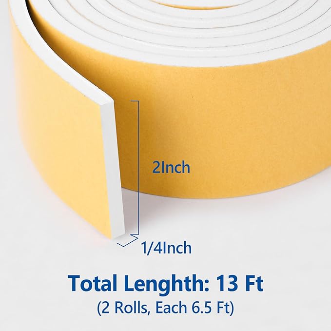 Kikerike Self Adhesive Foam Tape Weatherstrip 2in x 1/4in x 13Ft High Density Foam Insulation Strips Seal Weather Stripping with Strong Adhesive for Door and Window Sound Isolation Soundproofing
