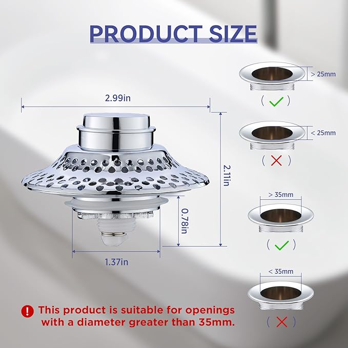 2 Pack Universal Bathtub Drain Stopper with Removable Hair Catcher, 3-in-1 Pop-up Drain Plug Fits 1.38 to 2.1 Inch Holes, Upgrade Shower Drain Cover with Stainless Steel Filter