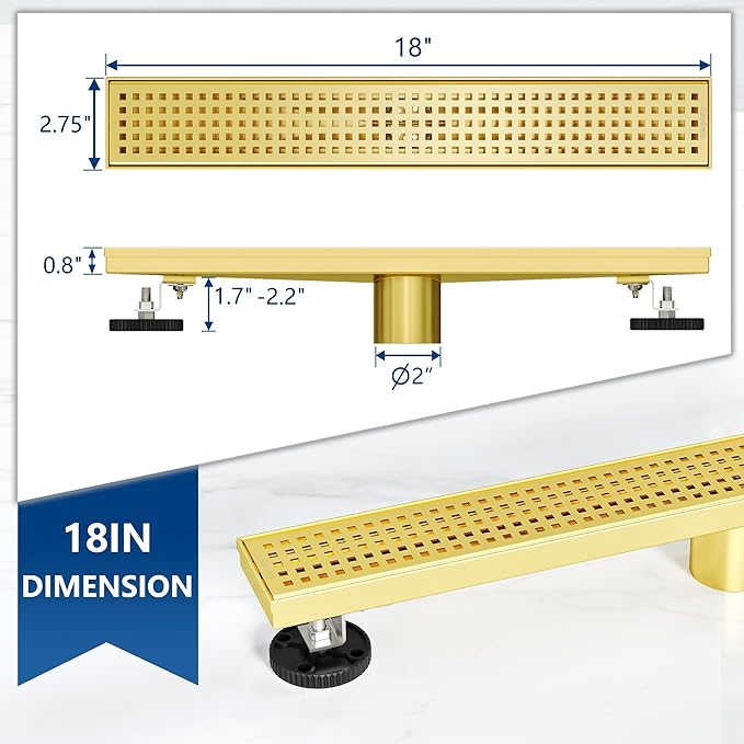 Neodrain 18-Inch Brushed Brass Linear Shower Drain with Removable Quadrato Pattern Grate,Professional 304 Stainless Steel Gold Rectangle Shower Floor Drain Manufacturer,Linear Drainwith Hair Strainer