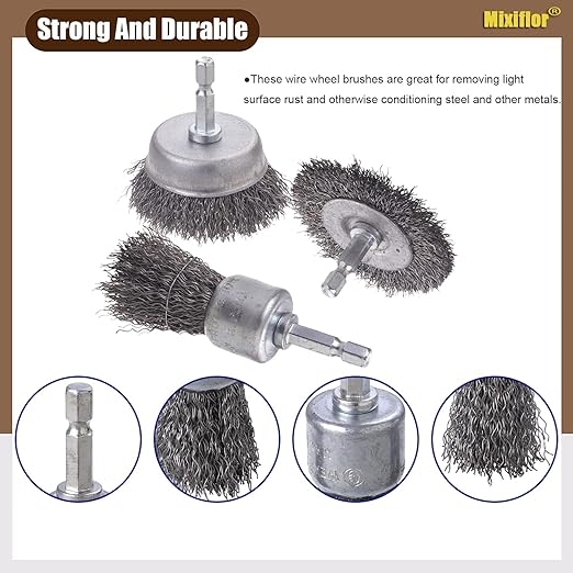 Wire Brush for Drill, 8 Pcs Professional Carbon Steel Wire Wheel, Abrasive Cup Brush 1/4 Inch Hex Shank - Cleaning Rust Attachments