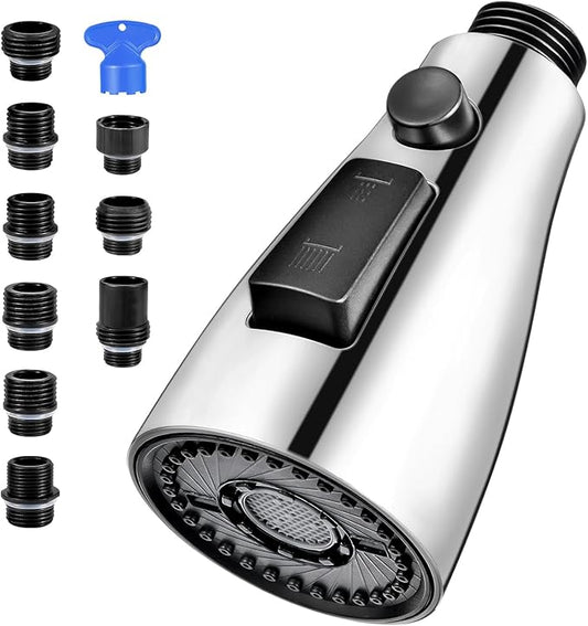 Kitchen Faucet Head Replacement, Premium 3 Function Pull Down Spray Head with 9 Adapters, Kitchen Sink Faucet Head Compatible with American Standard, Moen/Delta Faucets, Chrome