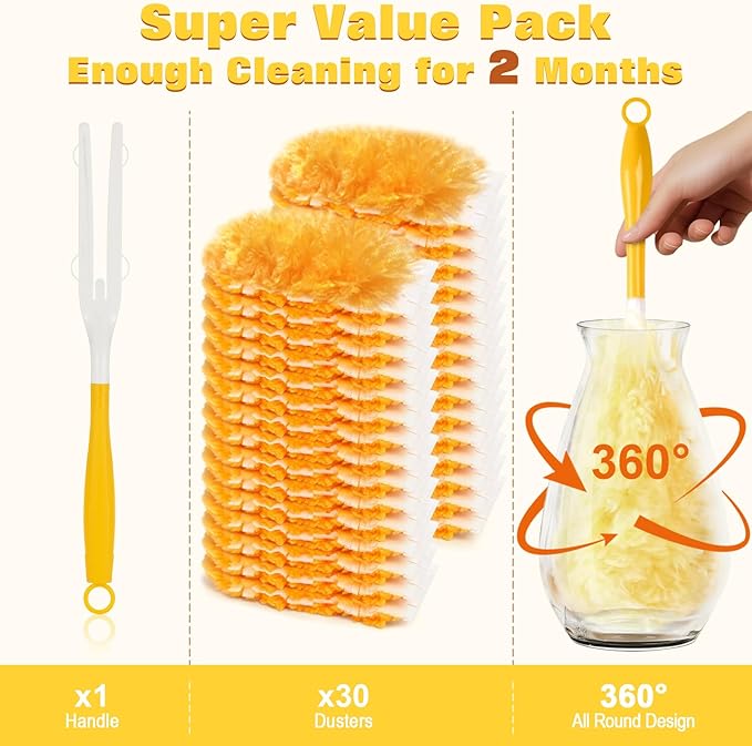 360° Heavy Duty Duster Refills for Swiffer Duster,30 Pack & 1Handle 4X Faster Electrostatic Deep Duster Kit for Cleaning, Pet Hair, Blinds & Car Vents,Lasts 2+ Months, Eco-Friendly & Gift-Ready