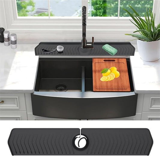 Large Size Kitchen Sink Splash Guard, 30"Silicone Faucet Handle Drip Catcher Tray Mat for for Kitchen Countertop, Bathroom, Farmhouse (Black, 30" x 5.7")